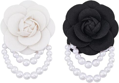 SUPERFINDINGS 2PCS Camellia Flower Brooch Pin with Pearl Chain for Women Floral Vintage Collar Brooch Clip Wedding Brooches in Kuwait