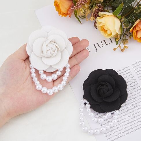 SUPERFINDINGS 2PCS Camellia Flower Brooch Pin with Pearl Chain for Women Floral Vintage Collar Brooch Clip Wedding Brooches in Kuwait