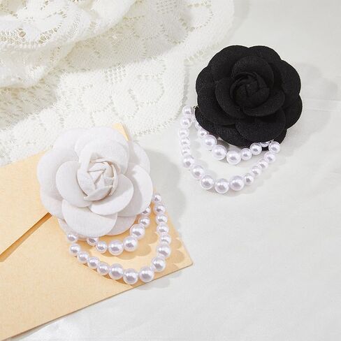 SUPERFINDINGS 2PCS Camellia Flower Brooch Pin with Pearl Chain for Women Floral Vintage Collar Brooch Clip Wedding Brooches in Kuwait