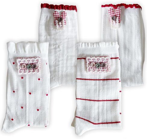 4 Pairs Women Cute Mid Calf Socks Red Plaid Bunny Ruffle Polka Dot Soft Crew Slouch Socks Korean Style Spring Summer in Saudi Arabia