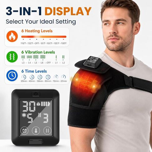 Cordless Shoulder Heating Pad with Vibration Massage, 4000mAh Rechargeable Shoulder Brace with 6 Heat 6 Vibration Modes 6 Timers, Adjustable Heat Wrap for Shoulder Rotator Cuff in Saudi Arabia