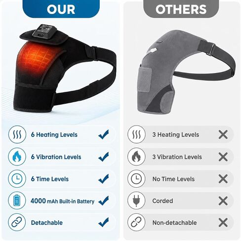 Cordless Shoulder Heating Pad with Vibration Massage, 4000mAh Rechargeable Shoulder Brace with 6 Heat 6 Vibration Modes 6 Timers, Adjustable Heat Wrap for Shoulder Rotator Cuff in Saudi Arabia
