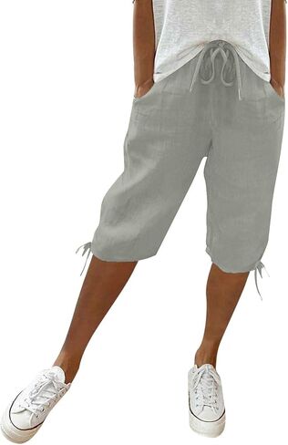 Bermuda Shorts for Women Knee Length Cotton Linen Elastic Waist Drawstring Shorts Summer Capris Pants in Saudi Arabia