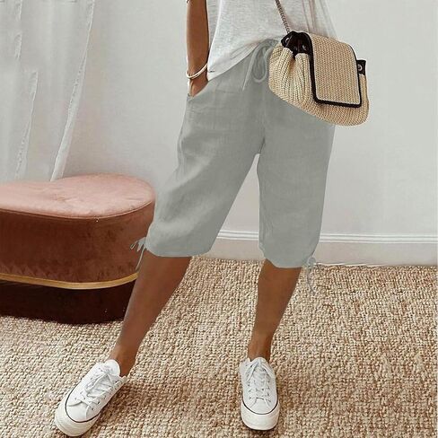 Bermuda Shorts for Women Knee Length Cotton Linen Elastic Waist Drawstring Shorts Summer Capris Pants in Saudi Arabia