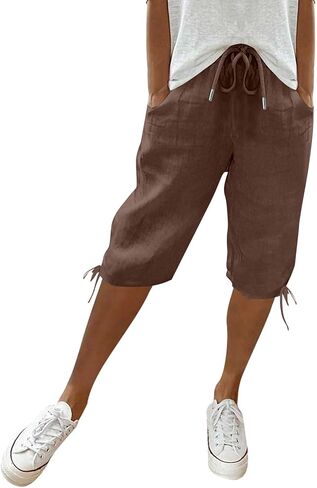 Bermuda Shorts for Women Knee Length Cotton Linen Elastic Waist Drawstring Shorts Summer Capris Pants in Saudi Arabia