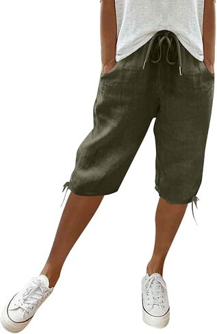 Bermuda Shorts for Women Knee Length Cotton Linen Elastic Waist Drawstring Shorts Summer Capris Pants in Saudi Arabia