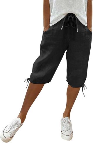 Bermuda Shorts for Women Knee Length Cotton Linen Elastic Waist Drawstring Shorts Summer Capris Pants in Saudi Arabia