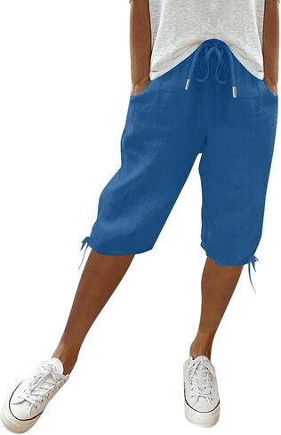 Bermuda Shorts for Women Knee Length Cotton Linen Elastic Waist Drawstring Shorts Summer Capris Pants in Saudi Arabia