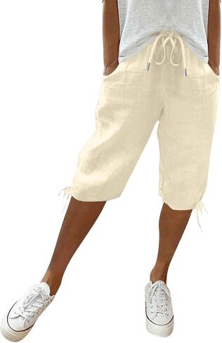 Bermuda Shorts for Women Knee Length Cotton Linen Elastic Waist Drawstring Shorts Summer Capris Pants in Saudi Arabia