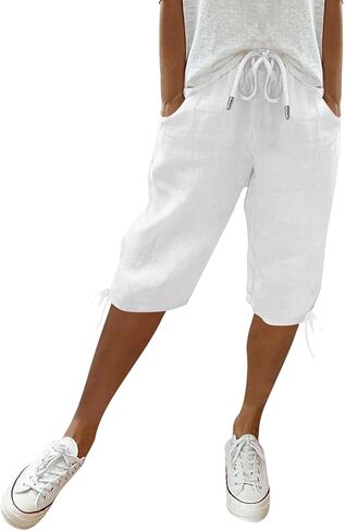 Bermuda Shorts for Women Knee Length Cotton Linen Elastic Waist Drawstring Shorts Summer Capris Pants in Saudi Arabia