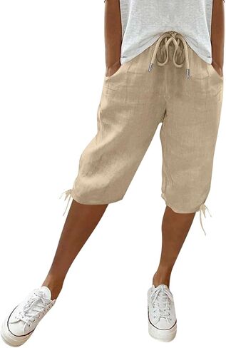 Bermuda Shorts for Women Knee Length Cotton Linen Elastic Waist Drawstring Shorts Summer Capris Pants in Saudi Arabia