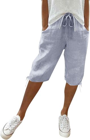Bermuda Shorts for Women Knee Length Cotton Linen Elastic Waist Drawstring Shorts Summer Capris Pants in Saudi Arabia