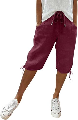 Bermuda Shorts for Women Knee Length Cotton Linen Elastic Waist Drawstring Shorts Summer Capris Pants in Saudi Arabia