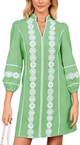 Women's Embroidered Lace Floral Tunic Dress 3/4 Puff Sleeve V Neck Mini Dress with Pockets in Kuwait