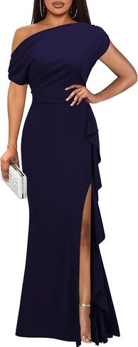 WOOSEA Women's Elegant Sleeveless Off Shoulder Sexy Ruffle Split Style Evening Formal Party Maxi Dress in Saudi Arabia