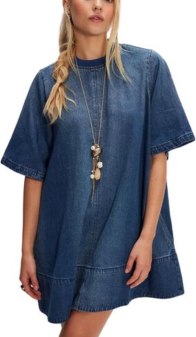 Womens Short Sleeve Denim Dress Back Zipper Ribbed Crew Neck Loose Distressed Jean Mini Dresses with Pockets 2026 in Saudi Arabia