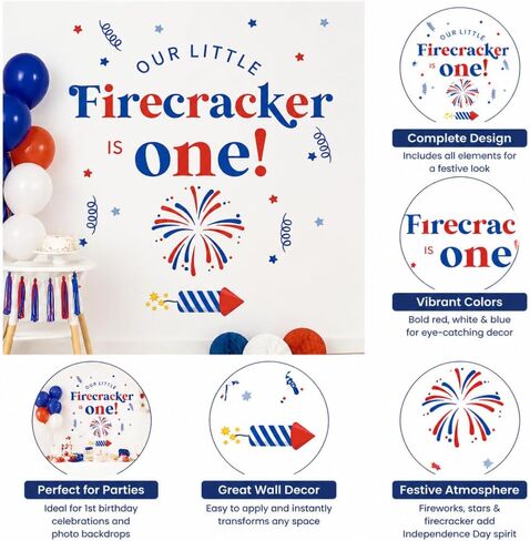 Little Firecracker is one Wall Decal Sign- American Day Baby Shower Backdrop Stickers, Balloon Arch Backdrop Decals, July 4th National Day Party Decorations, Baby First Birthday Patriotic Wall Decors in Kuwait