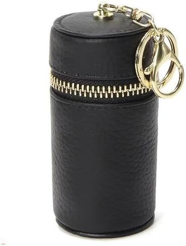1 PCS Genuine Leather Cylinder Keychain for Women, Black Mini Lipstick Pouch & Car Key Holder, Fashionable Small Wallet for Coins, Chic Purse Accessory Gift in Saudi Arabia