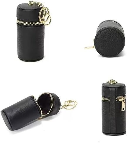 1 PCS Genuine Leather Cylinder Keychain for Women, Black Mini Lipstick Pouch & Car Key Holder, Fashionable Small Wallet for Coins, Chic Purse Accessory Gift in Saudi Arabia