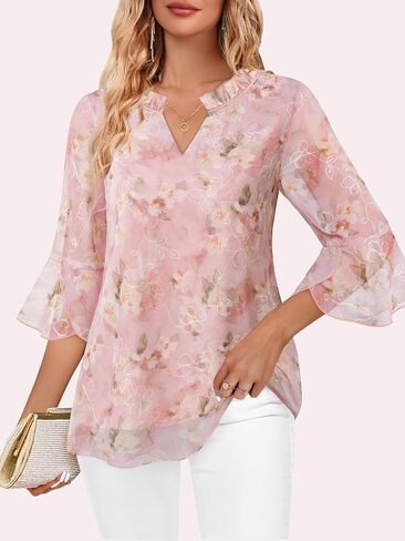 بلوزات نسائية فاخرة طبقات مزدوجة شبكة ملابس علوية أنيقة 3/4 كشكش جرس كم قمصان S-XXL in Kuwait