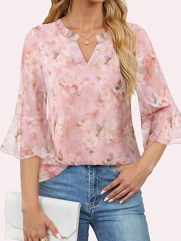 بلوزات نسائية فاخرة طبقات مزدوجة شبكة ملابس علوية أنيقة 3/4 كشكش جرس كم قمصان S-XXL in Kuwait