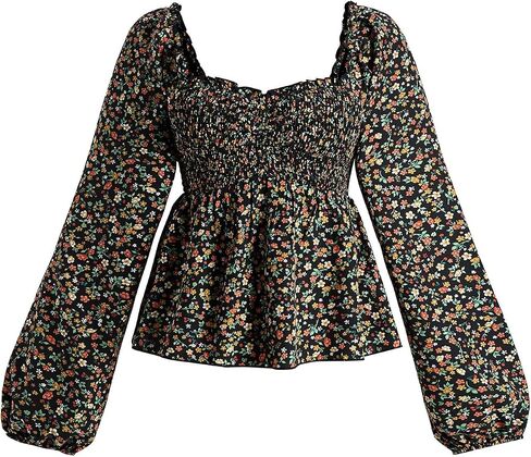 Women's Boho Floral Peplum Vacation Tops Babydoll Sweetheart Neckline Lantern Sleeve Going Out Blouses in Kuwait