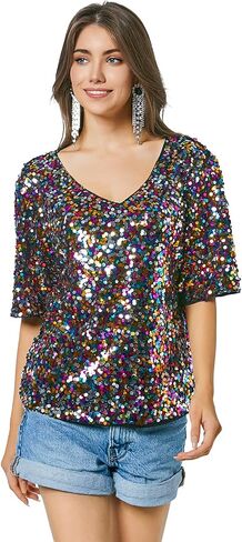 Women's Sequin Tops V Neck Sparkly Shirt Loose Glitter Party Blouses Half Sleeve Disco Club Tunic Top in Saudi Arabia