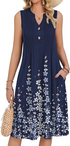 Zeagoo Women Summer Casual Dress 2026 Sleeveless Midi Tank Sundress with Pockets V Neck Buttons Pleated A Line Tshirt Dress in Kuwait