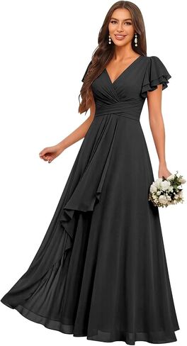 Chiffon Bridesmaid Dresses with Sleeves for Women Long V Neck Formal Dresses A Line Pleated in Kuwait