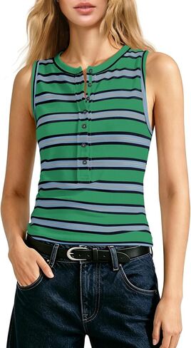 Yanekop Womens Striped Tank Tops Wide Strap Slim Fit Camisole Henley Neck Button Down Sleeveless Cami Shirt Trendy Basic Tops in Saudi Arabia