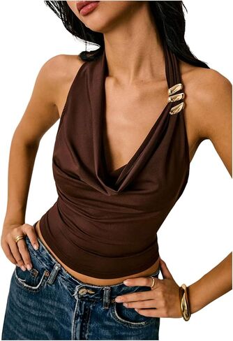 SOLY HUX Women's Halter Crop Top Cowl Neck Open Back Fitted Tank Shirts Summer Going Out Outfits in Kuwait