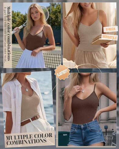 Ficerd 3 Pack Women's Camisoles Tank Tops Ribbed Adjustable Spaghetti Strap V Neck Slim Fit Sleeveless Summer Undershirt in Kuwait
