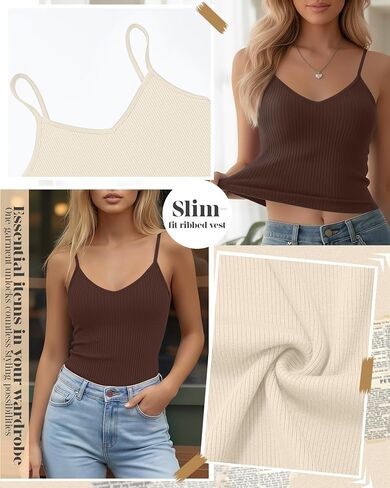 Ficerd 3 Pack Women's Camisoles Tank Tops Ribbed Adjustable Spaghetti Strap V Neck Slim Fit Sleeveless Summer Undershirt in Kuwait