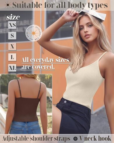 Ficerd 3 Pack Women's Camisoles Tank Tops Ribbed Adjustable Spaghetti Strap V Neck Slim Fit Sleeveless Summer Undershirt in Kuwait