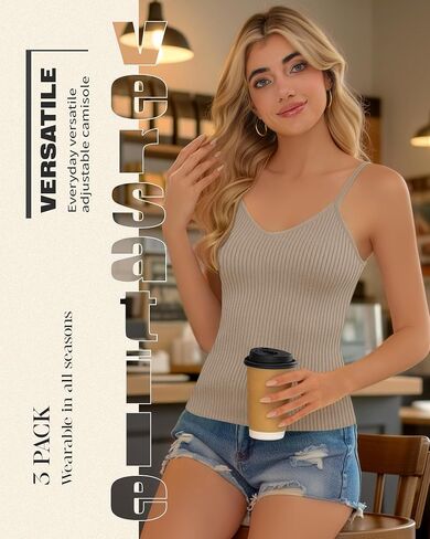 Ficerd 3 Pack Women's Camisoles Tank Tops Ribbed Adjustable Spaghetti Strap V Neck Slim Fit Sleeveless Summer Undershirt in Kuwait