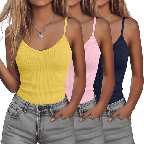 Ficerd 3 Pack Women's Camisoles Tank Tops Ribbed Adjustable Spaghetti Strap V Neck Slim Fit Sleeveless Summer Undershirt in Kuwait