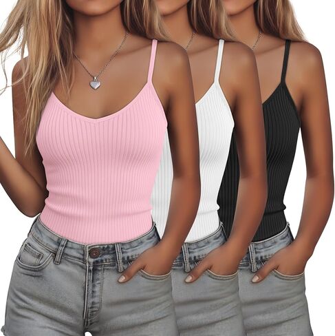 Ficerd 3 Pack Women's Camisoles Tank Tops Ribbed Adjustable Spaghetti Strap V Neck Slim Fit Sleeveless Summer Undershirt in Kuwait