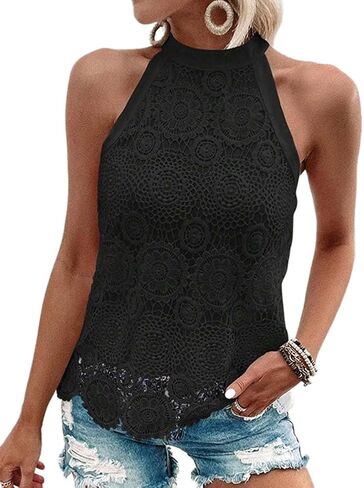 Halter Tops for Women Spring Summer Crochet Lace Hollow Out Sleeveless High Neck Boho Beach Tank Top Blouses in Saudi Arabia