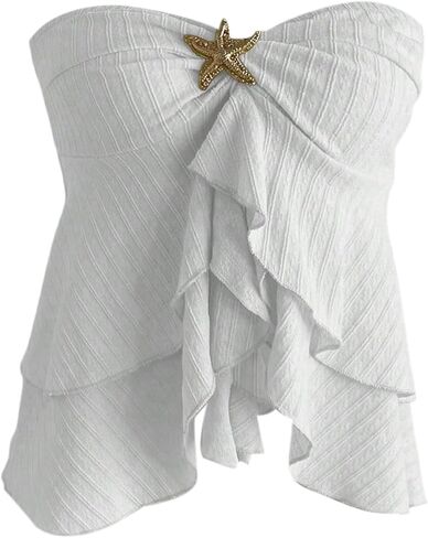 OYOANGLE Women's Starfish Layered Ruffle Strapless Top Ruched Sleeveless Asymmetrical Tube Tops in Saudi Arabia