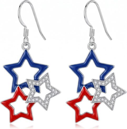 4th of July Earrings 18K White Gold Plated USA Flag Color Star 4th of July Dangle Earrings Patriotic Jewelry Independence Day Gifts for Women in Saudi Arabia