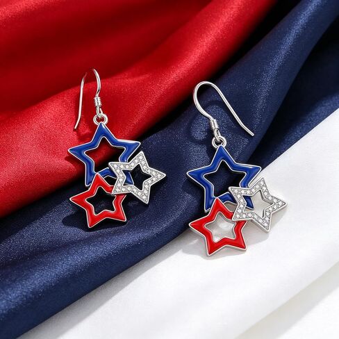 4th of July Earrings 18K White Gold Plated USA Flag Color Star 4th of July Dangle Earrings Patriotic Jewelry Independence Day Gifts for Women in Saudi Arabia