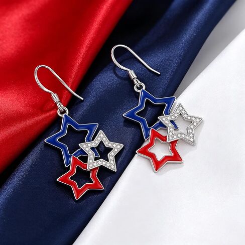 4th of July Earrings 18K White Gold Plated USA Flag Color Star 4th of July Dangle Earrings Patriotic Jewelry Independence Day Gifts for Women in Saudi Arabia