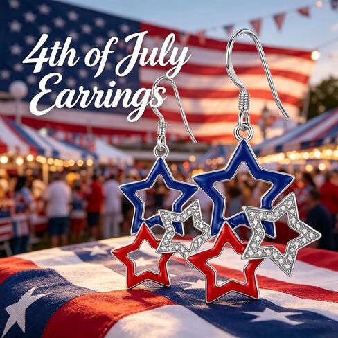 4th of July Earrings 18K White Gold Plated USA Flag Color Star 4th of July Dangle Earrings Patriotic Jewelry Independence Day Gifts for Women in Saudi Arabia
