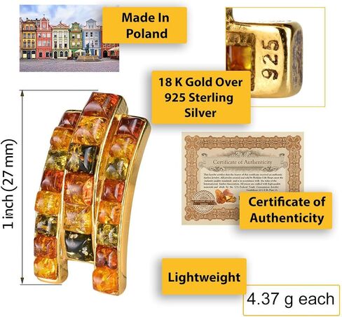 Amber Jewelry for Women - 18K Gold Plated 925 Sterling Silver Multicolored Baltic Amber Bullet Clutch Earrings, Gemstone Earrings - Sterling Silver Jewelry Collection in Saudi Arabia