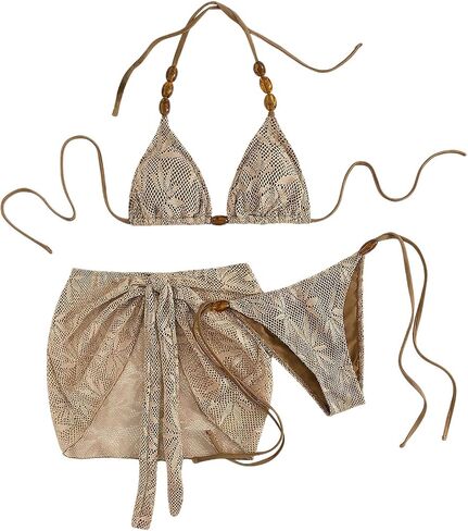 GORGLITTER Women's 3 Piece Swimsuits Crochet Halter Triangle String Beaded Bikini Sets Bathing Suit with Cover Up Skirt in Kuwait