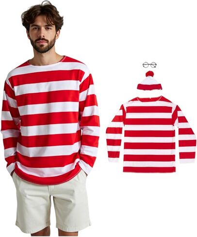 Red and White Striped Shirt Outfits Halloween T-shirt with Hat Glasses in Saudi Arabia
