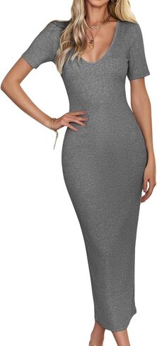 VOGMATE Bodycon Midi Dresses for Women Sexy Backless V-Neck Short Sleeve Ribbed Knit Dresses Party in Saudi Arabia