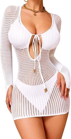 Sexy Swimsuit Cover Up for Women, Fishnet Long Sleeve Bathing Suit Cover Ups for Swimwear Beach Pool Mini Dress 2026 in Saudi Arabia