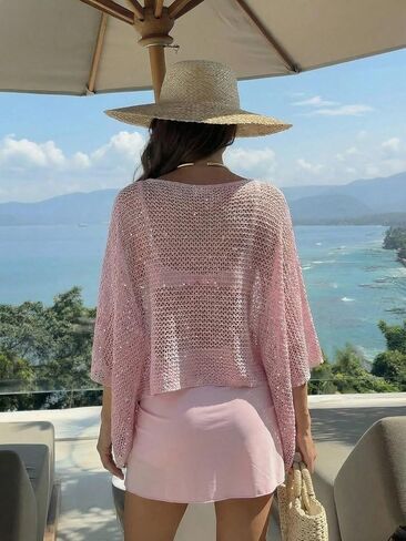 Verdusa Women's Sheer Poncho Tops Sequin Oversized Asymmetrical Crochet Tops Beach Cover Up in Kuwait