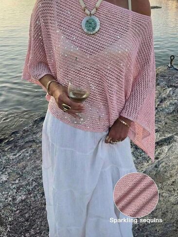 Verdusa Women's Sheer Poncho Tops Sequin Oversized Asymmetrical Crochet Tops Beach Cover Up in Kuwait